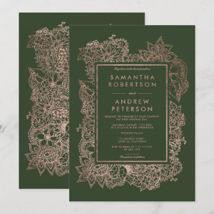 Invitation Flore faux rose or cadre chasseur mariage vert