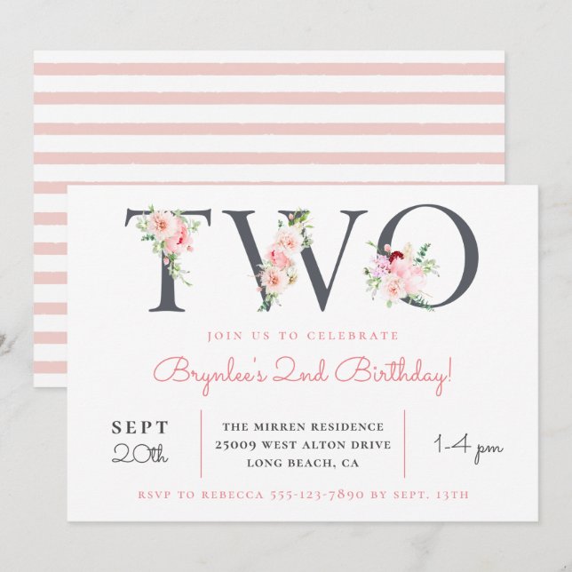 Invitation Flore floue DEUX | 2ème fête d'anniversaire (Devant / Derrière)