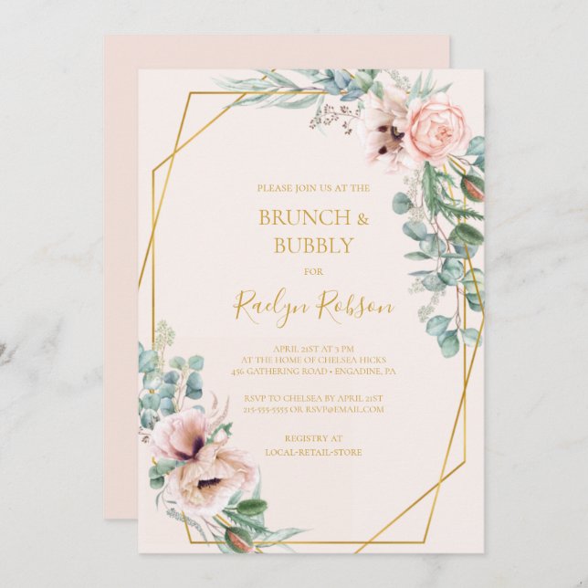 Invitation Flore floue | Pastel Brunch et Bubbly Douche (Devant / Derrière)