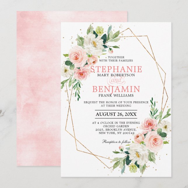 Invitation Flore flush or moderne Mariage de cadre géométriqu (Devant / Derrière)