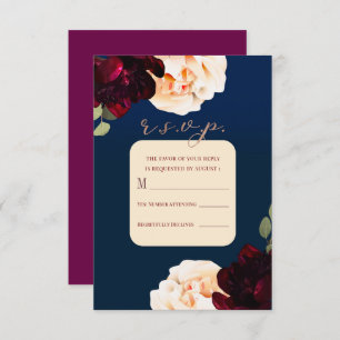 Invitation Flore foncée Marsala Crème & Marine Réponse R.S.V.