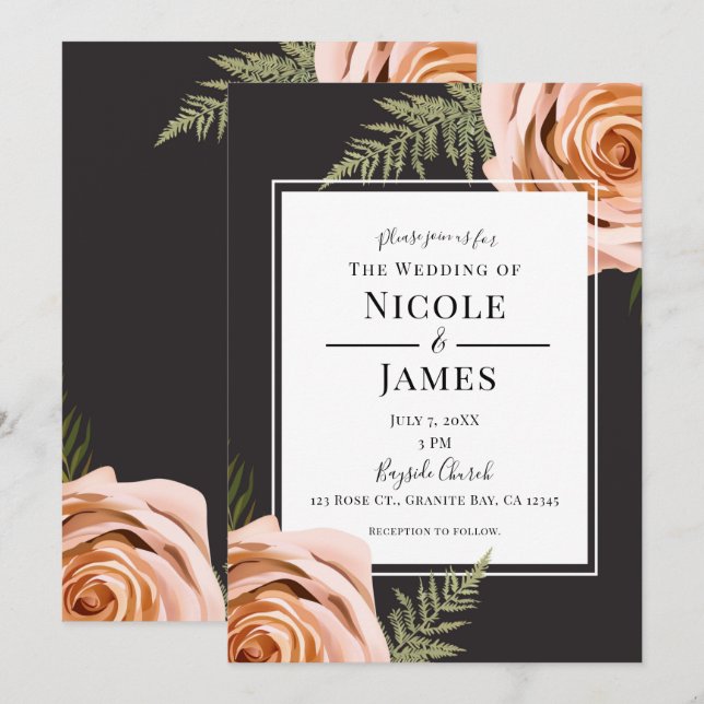 Invitation Flore foncée Roses Rustique Shabby Chic Mariage (Devant / Derrière)