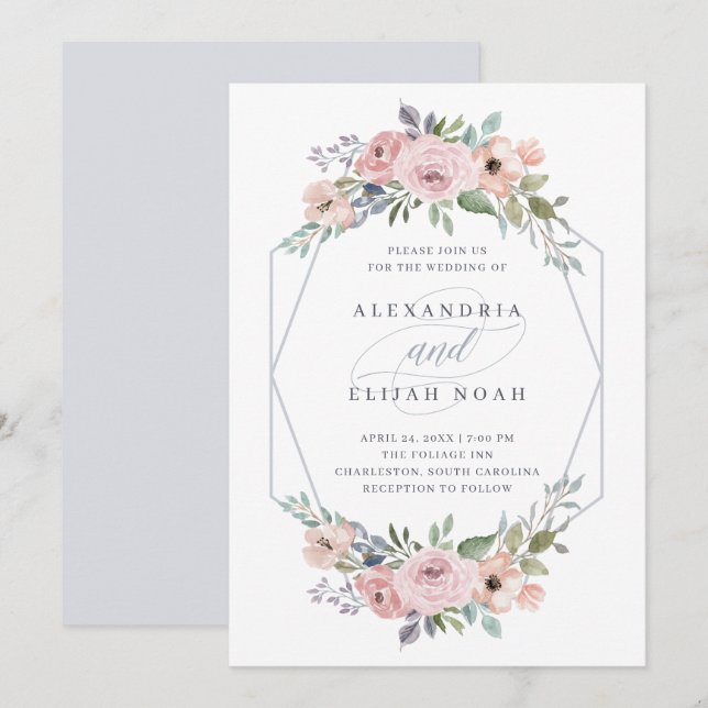 Invitation Flore géométrique bleu et Rose | MARIAGE (Devant / Derrière)