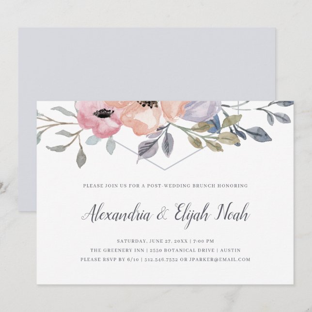 Invitation Flore géométrique bleue Dusty| Brunch Mariage (Devant / Derrière)