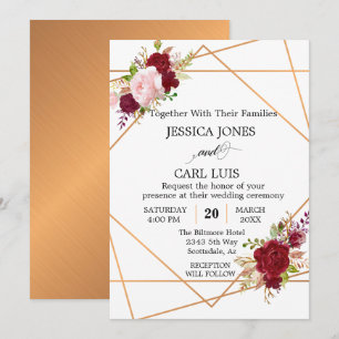 Invitation Flore géométrique moderne en cuivre bleu rose bord