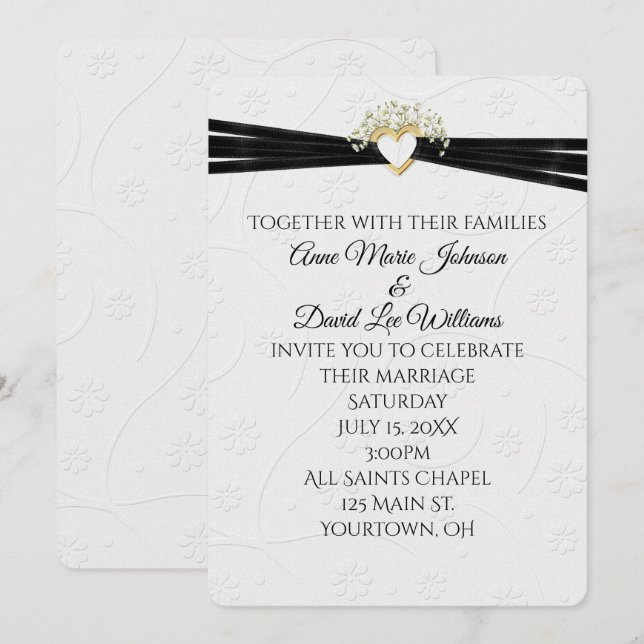 Invitation Flore mariage blanche bossée avec coeur (Devant / Derrière)