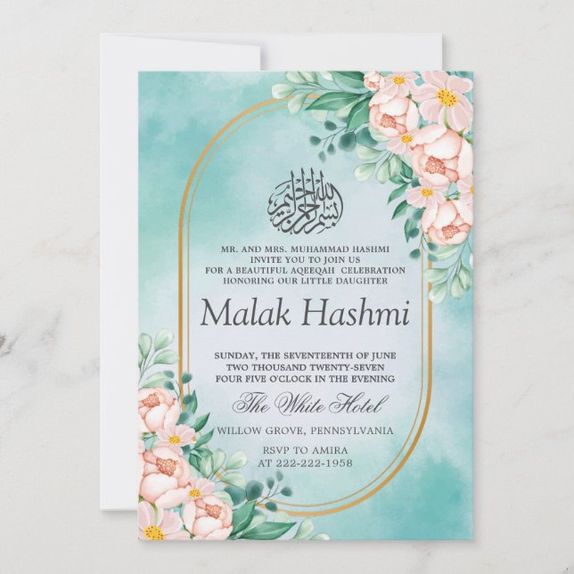 Invitation Flore moderne feuille bleu islamique Aqiqa Aqeeqa  (Devant)