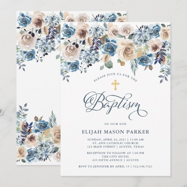 Invitation Flore neutre et bleue| Baptême de garçon ou de fil (Devant / Derrière)