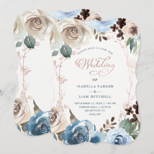 Invitation Flore neutre et bleue Faux Rose Gold Mariage