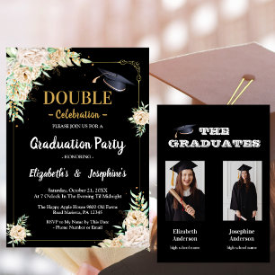 Invitation Flore noire Blush Joint Graduation Party 2 photos