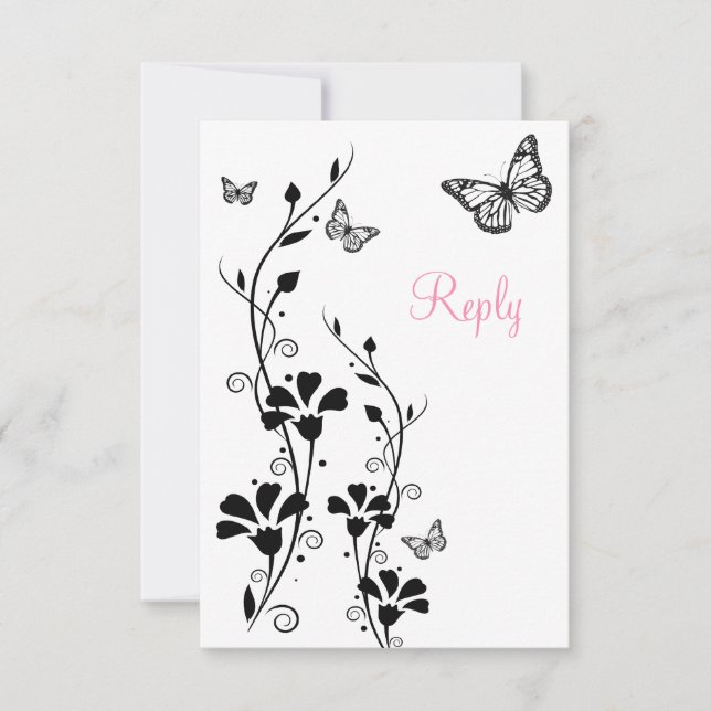 Invitation Flore noire et blanche avec Papillons Répondre Car (Devant)