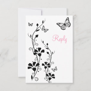 Invitation Flore noire et blanche avec Papillons Répondre Car