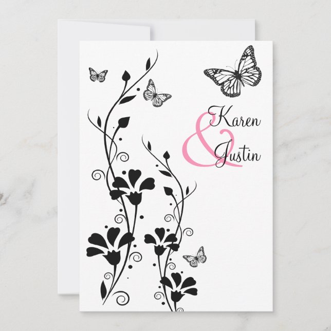 Invitation Flore noire et blanche avec papillons sur Linen (Devant)