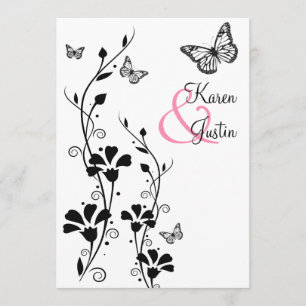 Invitation Flore noire et blanche avec papillons sur Linen