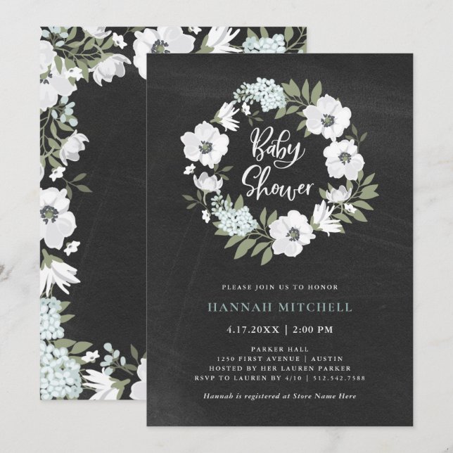 Invitation Flore noire et blanche rustique| Baby shower (Devant / Derrière)