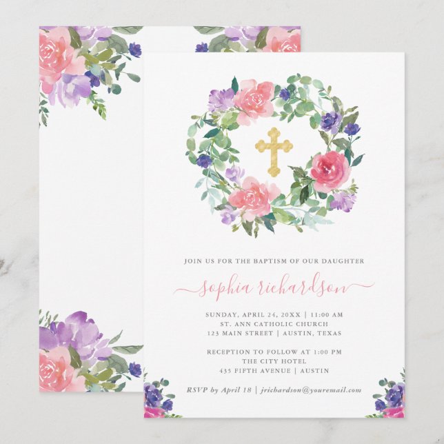 Invitation Flore peint à la main| Baptême d'aquarelle tendanc (Devant / Derrière)
