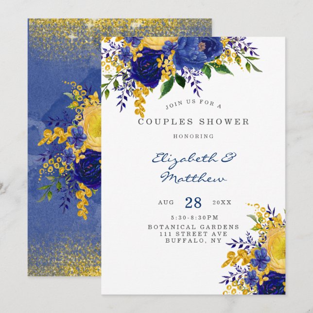 Invitation Flore peinte bleu jaune or Couples Douche (Devant / Derrière)