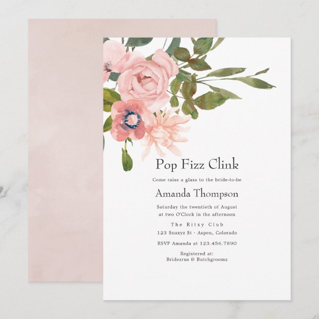 Invitation Flore Pop Rose Pop Fizz Clink Fête des mariées (Devant / Derrière)
