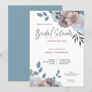 Invitation Flore rose bleu foncé Scripts Fête des mariées Thé