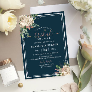 Invitation Flore rose chic et Fête des mariées marine