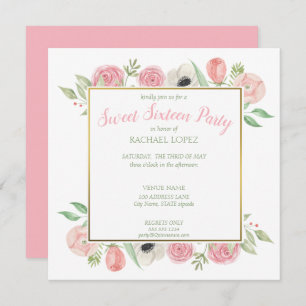 Invitation Flore rose Chic Sweet sixteen Gold Frame