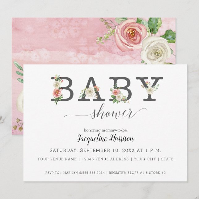 Invitation Flore rose et blanche | Baby shower fille (Devant / Derrière)