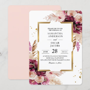 Invitation Flore rose et cadre doré bleu Bourgogne moderne