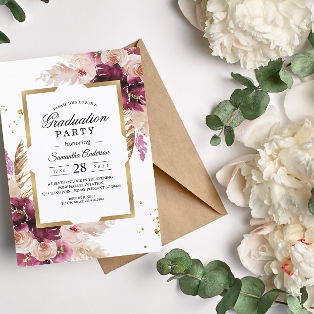 Invitation Flore rose et cadre doré bleu Bourgogne moderne (Créateur téléchargé)