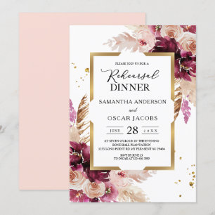 Invitation Flore rose et cadre doré bleu Bourgogne moderne