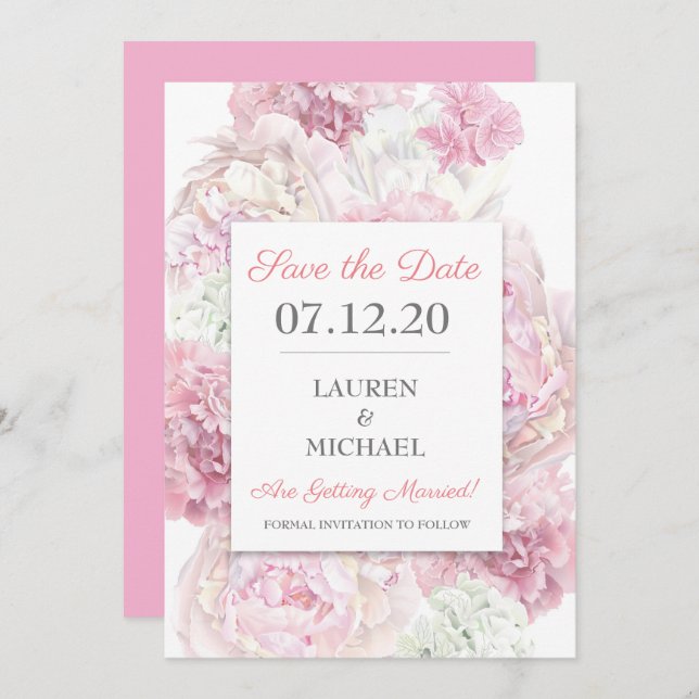 Invitation Flore rose pâle Enregistrer la date (Devant / Derrière)