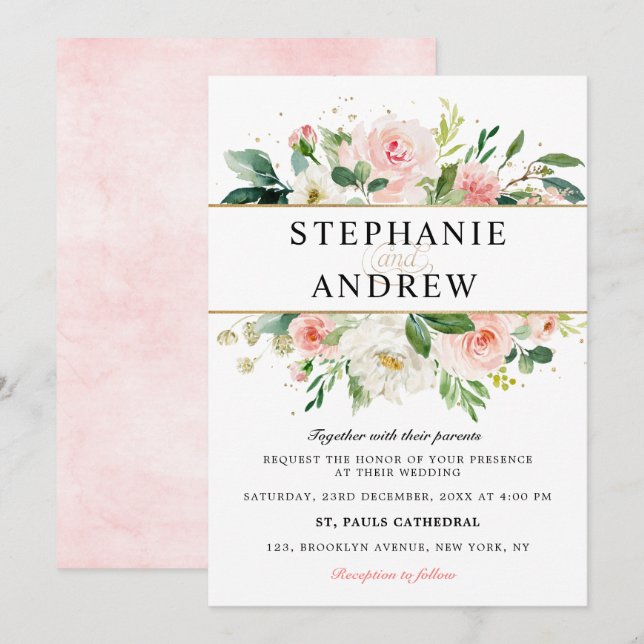Invitation Flore rose pâle Mariage géométrique Or moderne (Devant / Derrière)