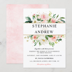 Invitation Flore rose pâle Mariage géométrique Or moderne