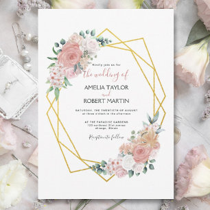 Invitation Flore rose pâle Or géométrique