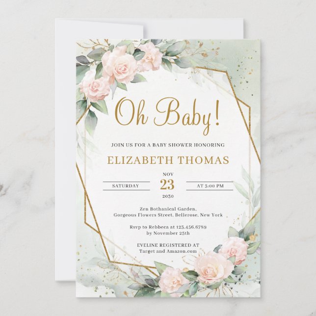 Invitation Flore rose rose moderne verdure dorée Oh bébé (Devant)