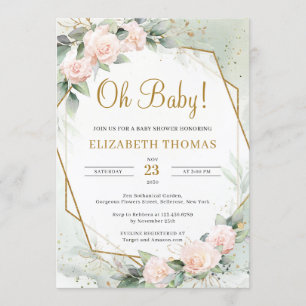 Invitation Flore rose rose moderne verdure dorée Oh bébé