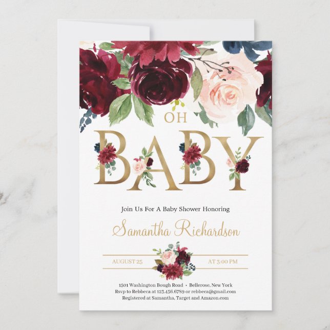 Invitation Flore rouge profonde et huile d'or Lettrer Oh Baby (Devant)