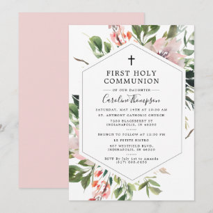 Invitation Flore rousse Verdure Aquarelle Première communion