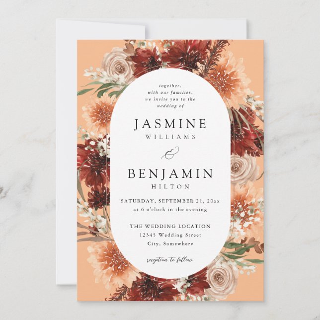 Invitation Flore rustique Terre & Champagne Mariage - Pêche (Devant)