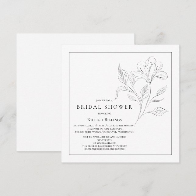 Invitation Flore simple Fête des mariées noire et blanche (Devant / Derrière)