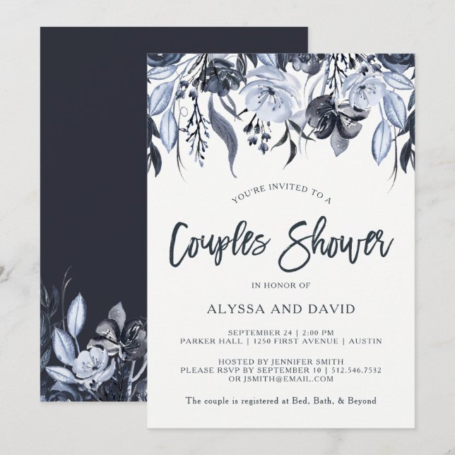 Invitation Flore sombre| Douche d'aquarelle moderne Couples (Devant / Derrière)