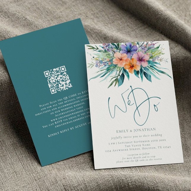 Invitation Flore tropicale Nous faisons QR Code Mariage (Front and back view)