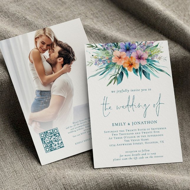 Invitation Flore tropicale Photo QR Code Mariage Turquoise (front and back view)