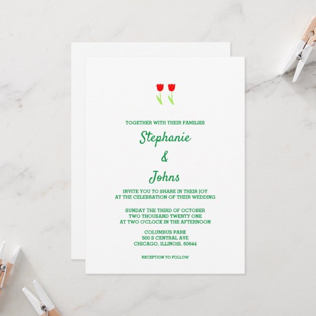 Invitation Flore Tulip Fleur Rouge Blanc Vert Cute Mariage (Devant/Arrière en situation)