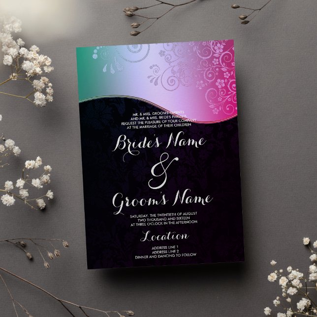 Invitation Flore Turquoise rose noire Mariage damassé (Black Pink Teal Gradient Floral Damask Wedding )