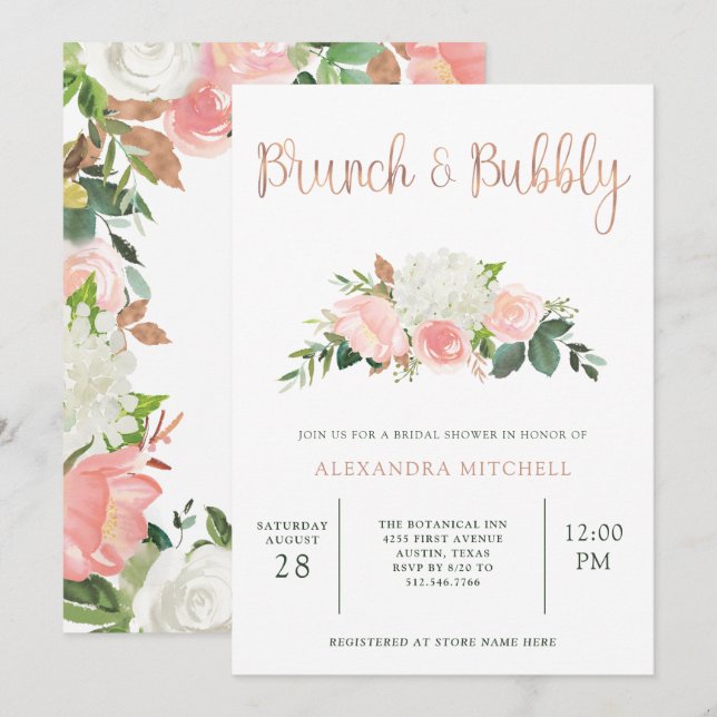 Invitation Flore verdoyante et rose| Brunch et bulle (Devant / Derrière)