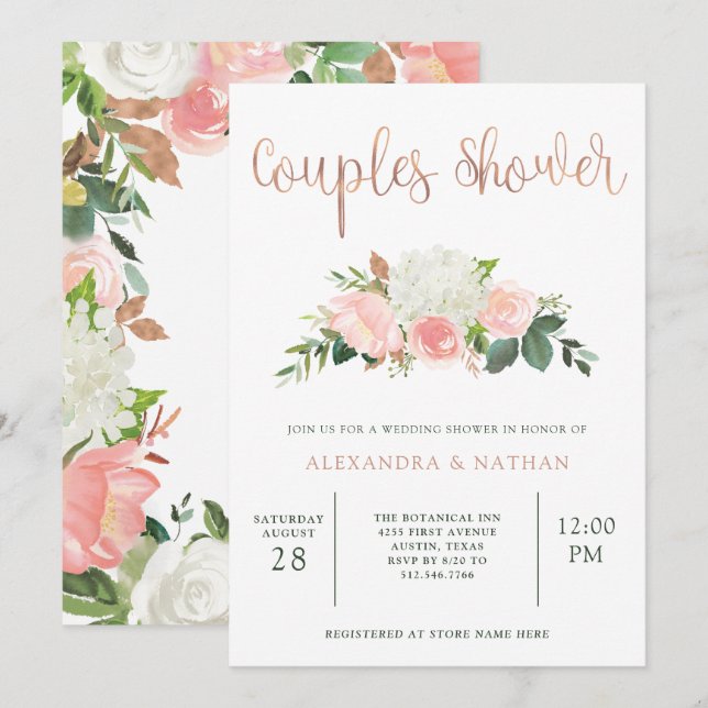 Invitation Flore verdoyante et rose | Douche Couples (Devant / Derrière)