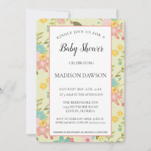 Invitation Flore vert rose jaune encadrée personnalisée