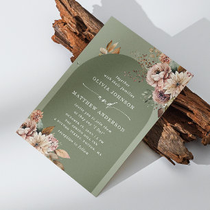 Invitation Flore vert sauge pâle arche mariage QR détails
