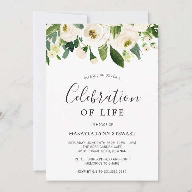 Invitation Flore verte Roses blanches Célébration de la vie (Devant)