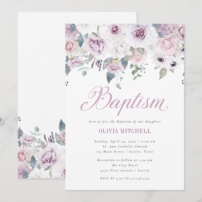 Invitation Flore violette | Baptême (Devant / Derrière)